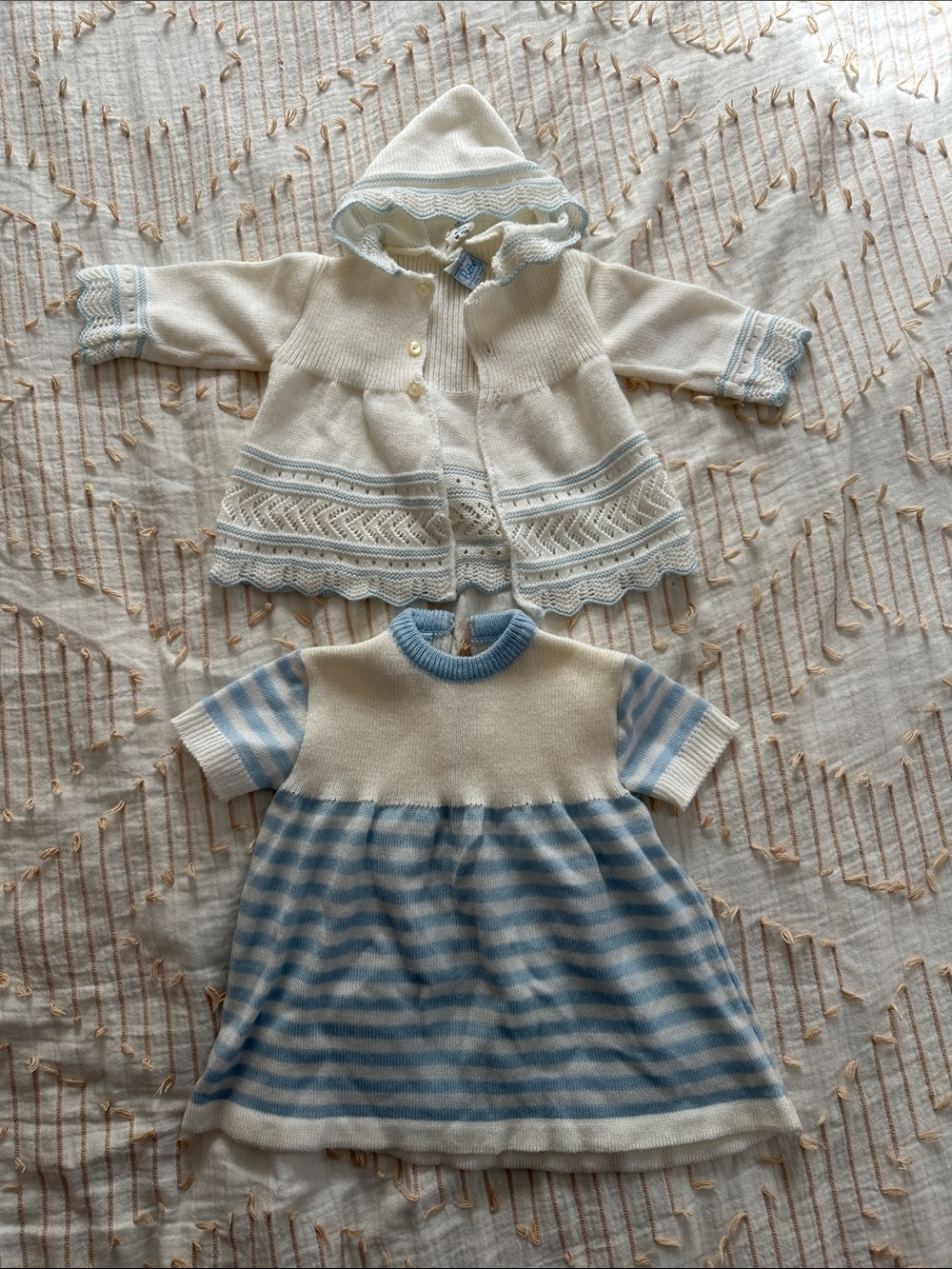 bebe Cream and Light Blue Knit Hooded Cardigan with Striped Dress